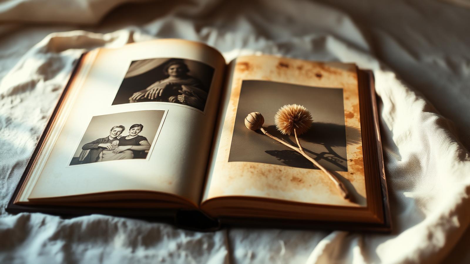 An open vintage photo album with sepia snapshots