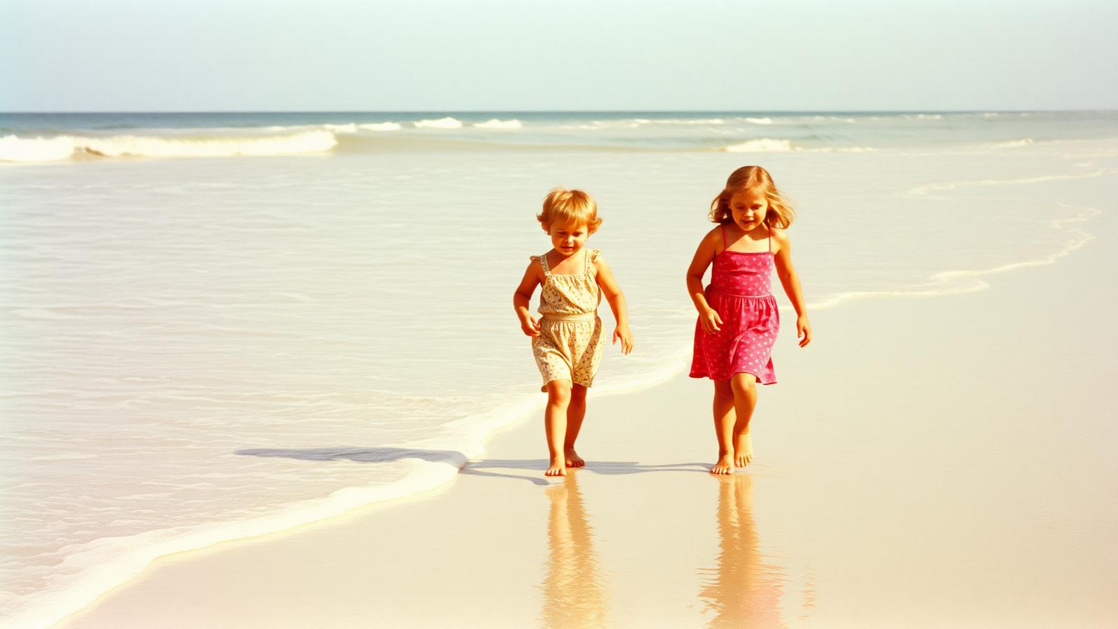 A faded 1970s snapshot of children at the water's edge