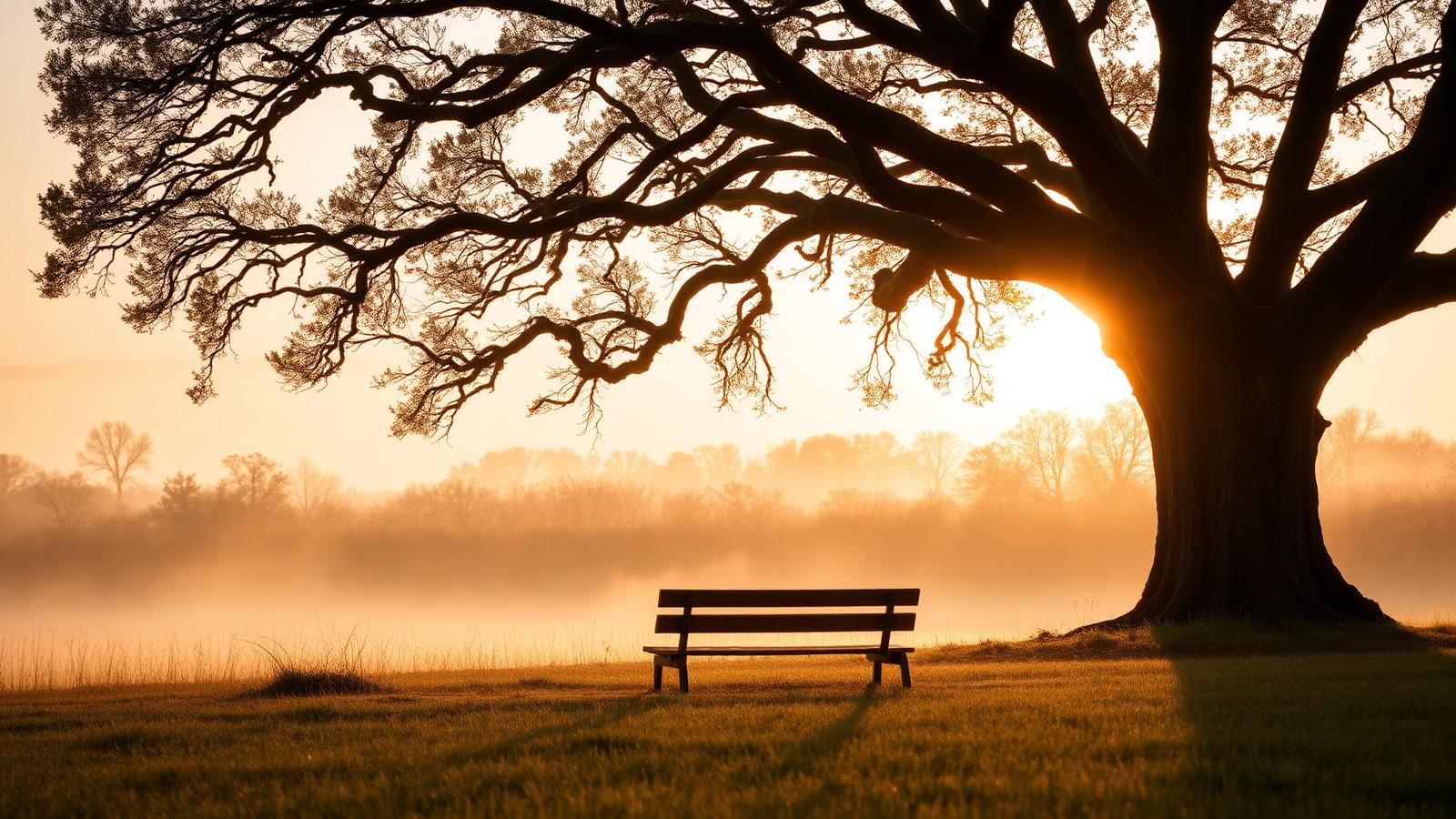 An empty wooden bench beneath a large oak tree at sunrise