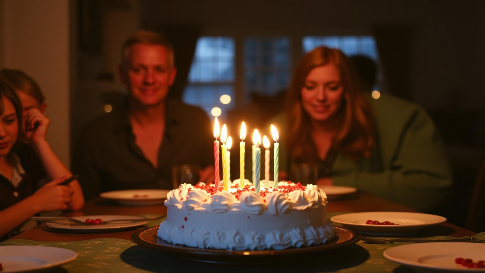 A birthday cake with lit candles on a family dining table