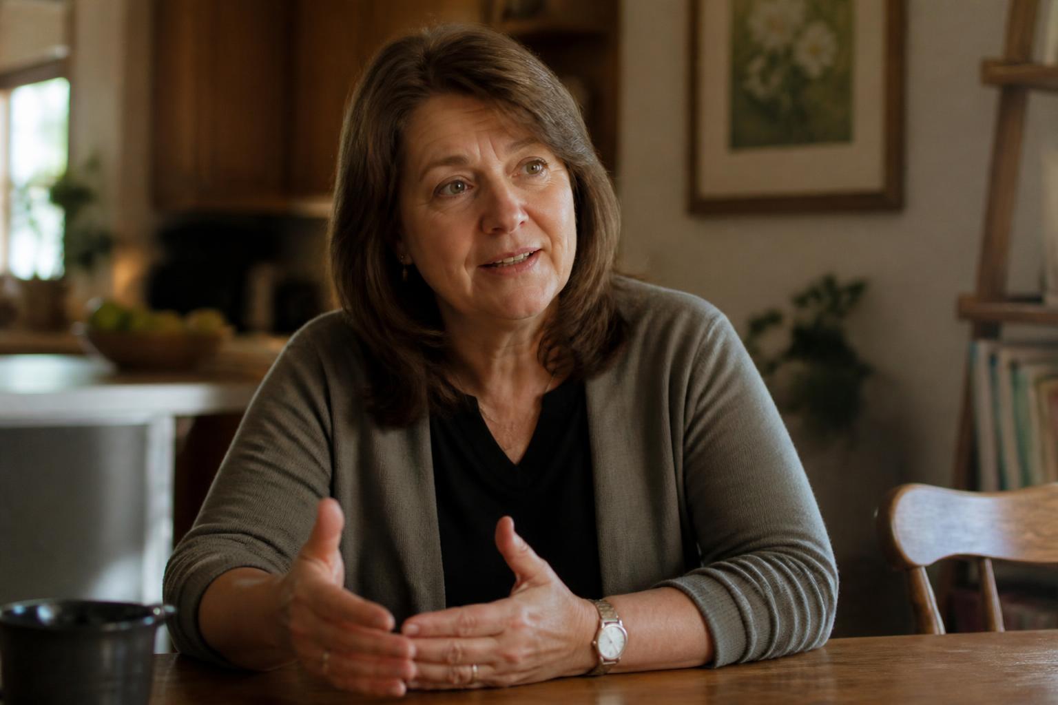 Margaret, Eleanor's daughter, speaking at a kitchen table