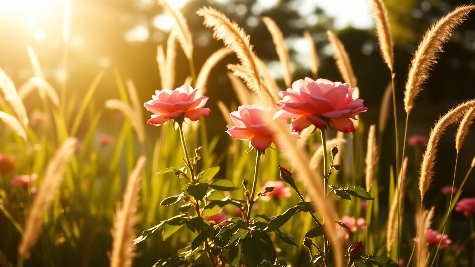 A sunlit summer garden with roses and tall grass