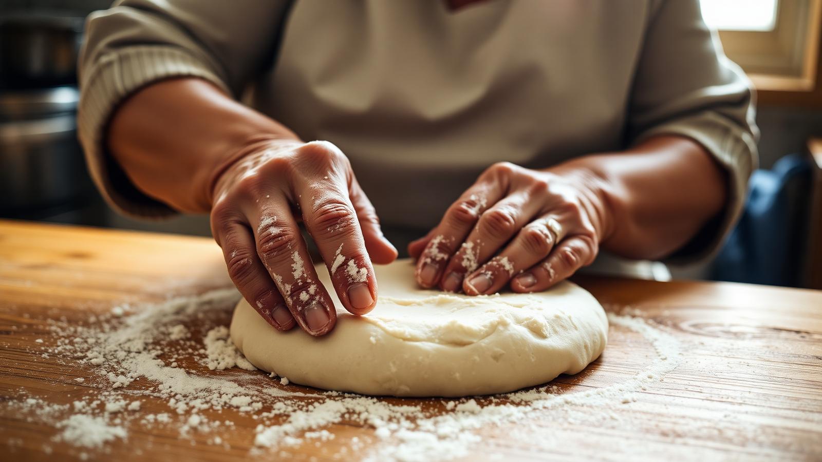 Elderly hands kneading bread dough on a wooden counter
