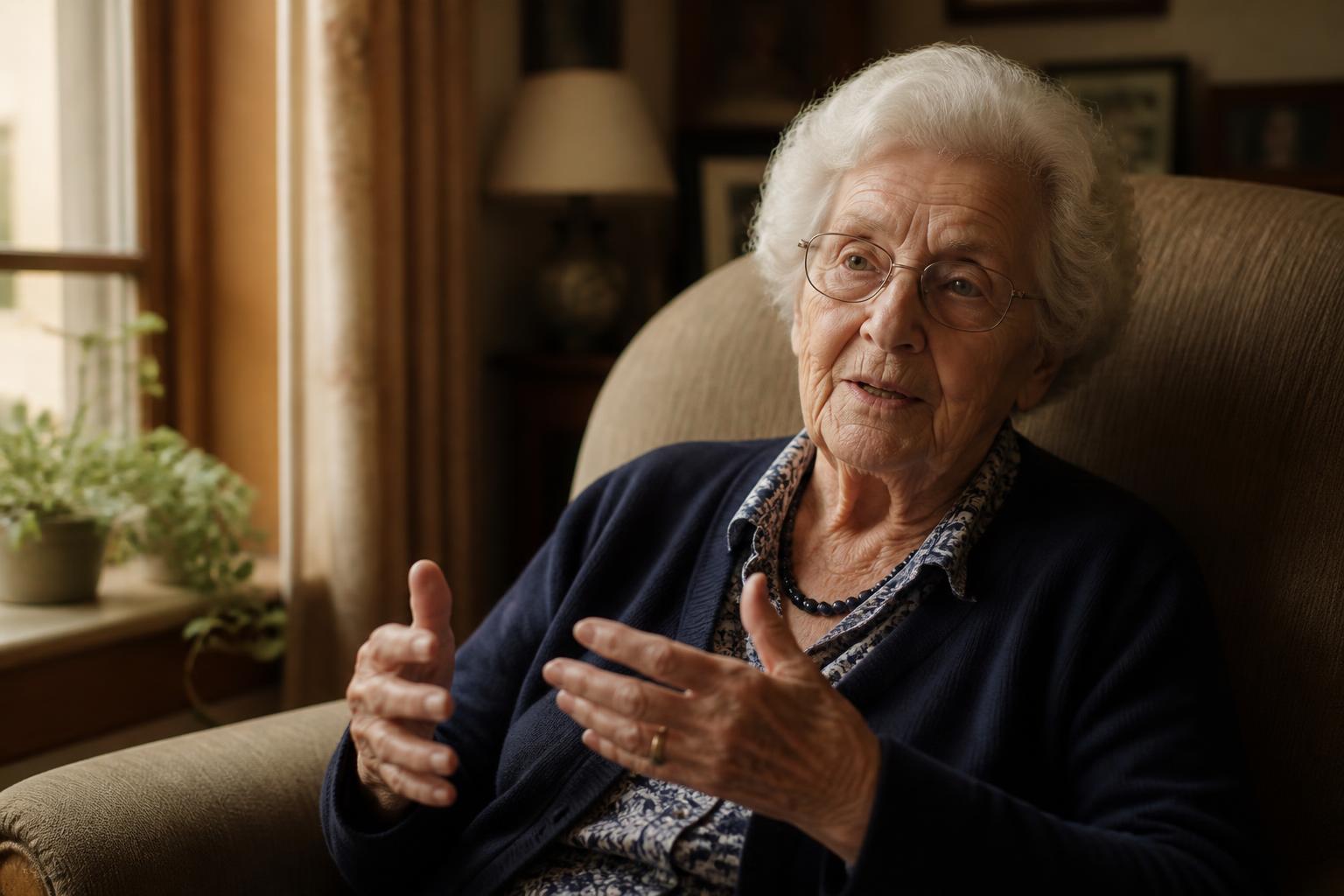 Eleanor at eighty-one, seated by a window, recording her story