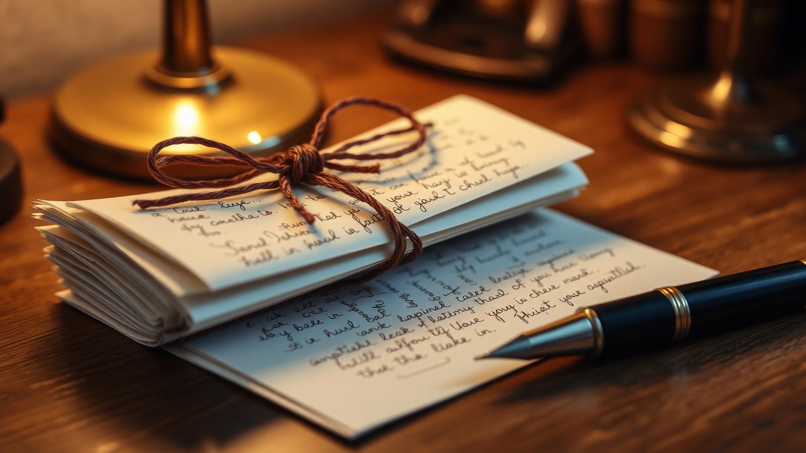 A bundle of handwritten letters tied with ribbon beside a fountain pen