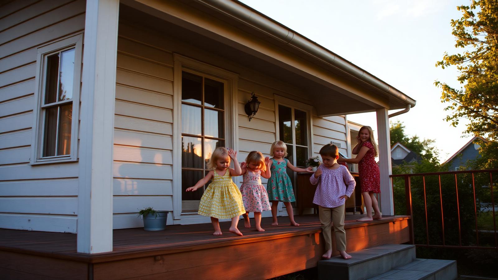 Grandchildren playing on the porch of a family home at golden hour