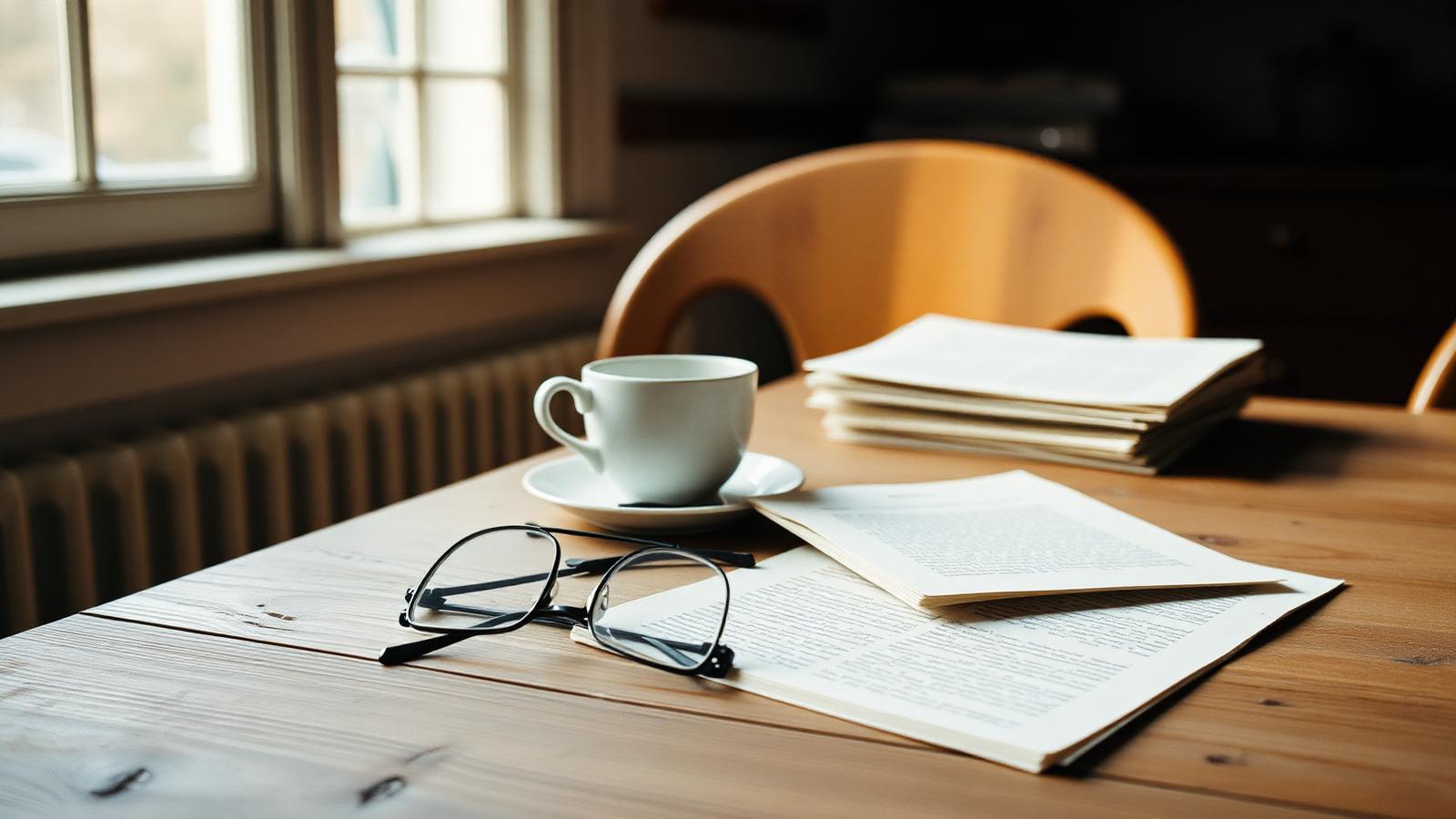 A kitchen table with a teacup, reading glasses and letters