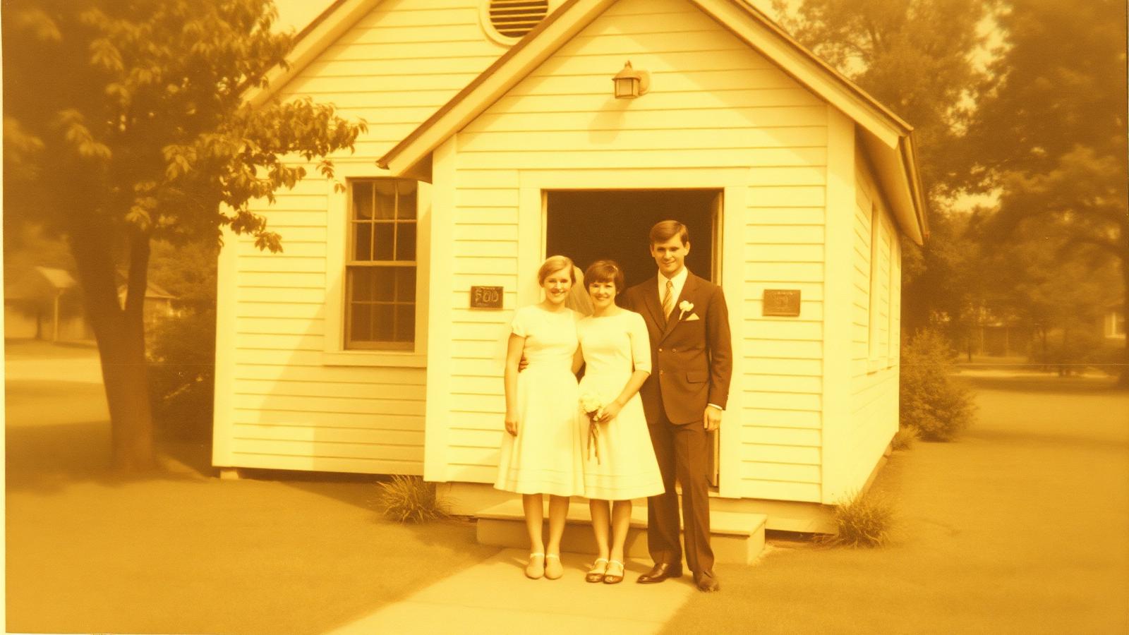 A faded 1960s wedding photograph outside a small country church